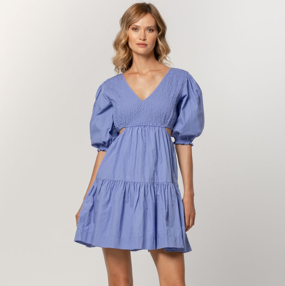NWOT Lusana Brooke Blue and Pink Floral Puff Sleeve Cut Out Floral Dress